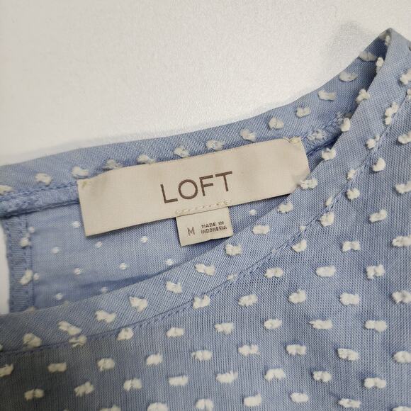 LOFT Womens Swiss Dot Tie Waist Blouse Size Medium Blue White Cotton Lagenlook - Picture 6 of 9